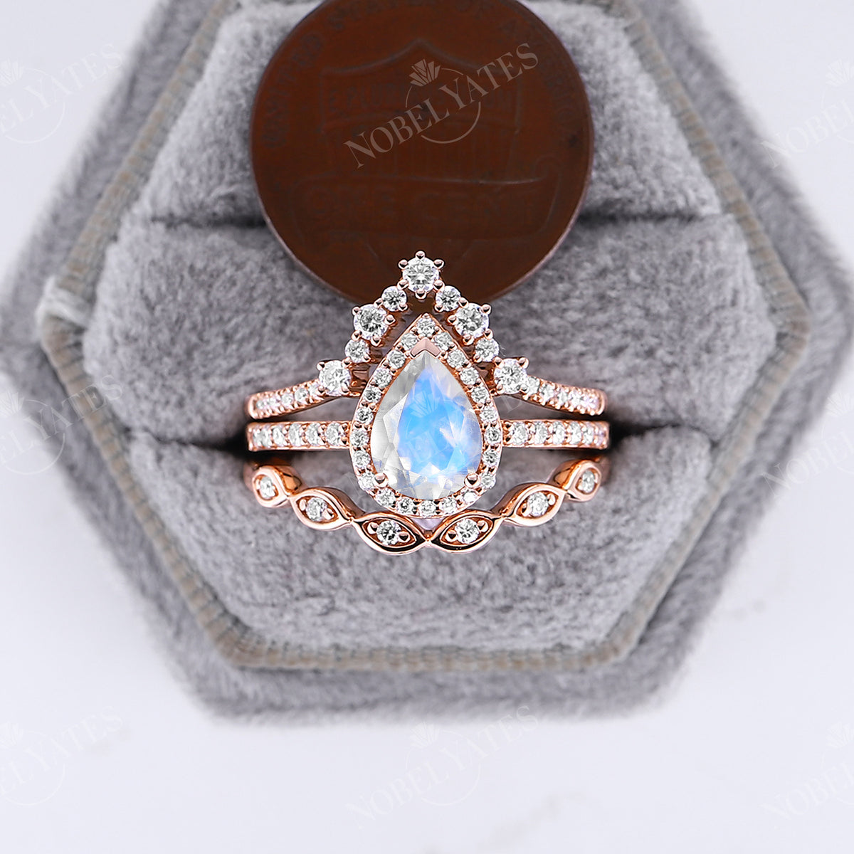 Pear Moonstone 3PCS Halo Engagement Ring Set Rose Gold