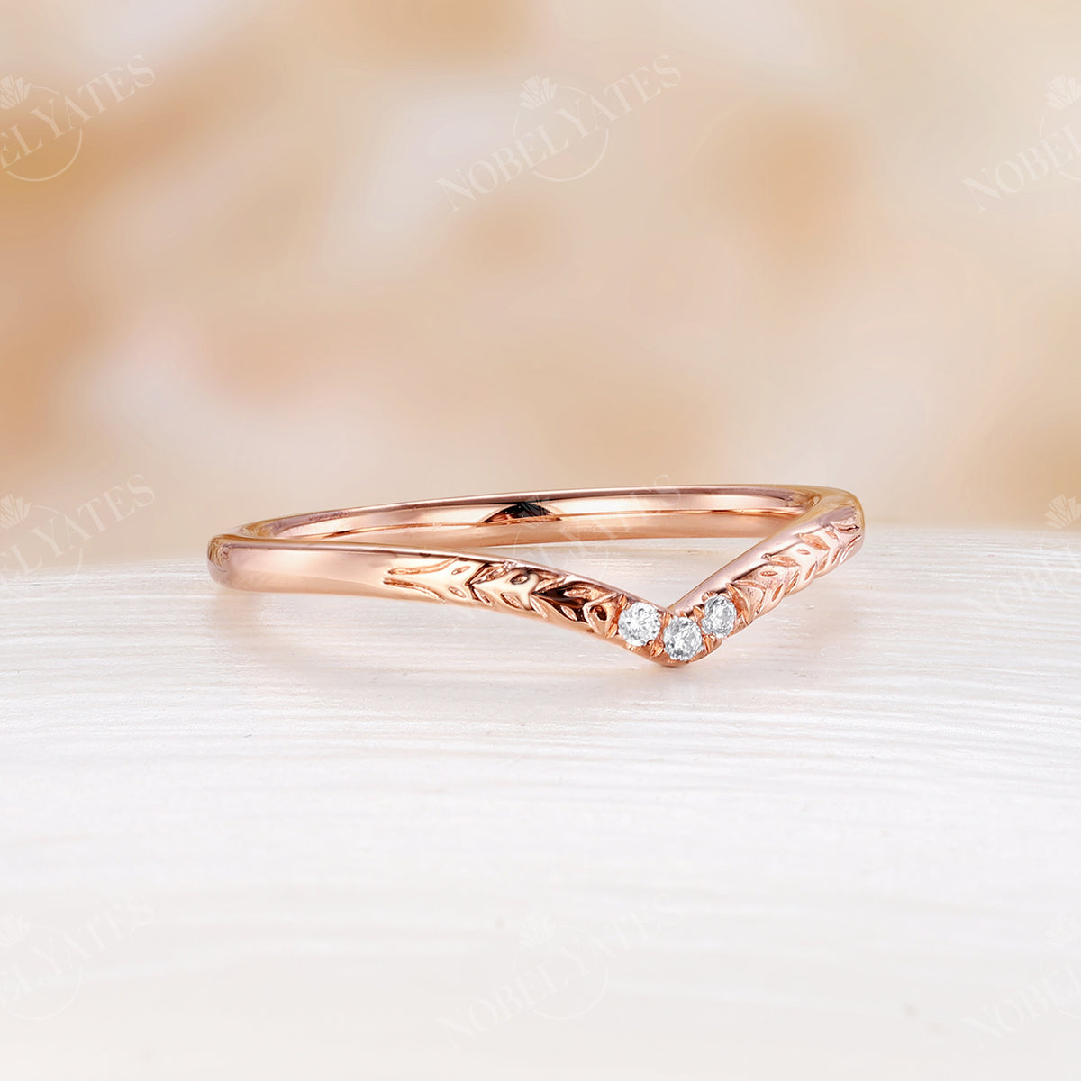 Cueved Leaf Engrave Rose Gold Matching Stacking Diamond Wedding Band