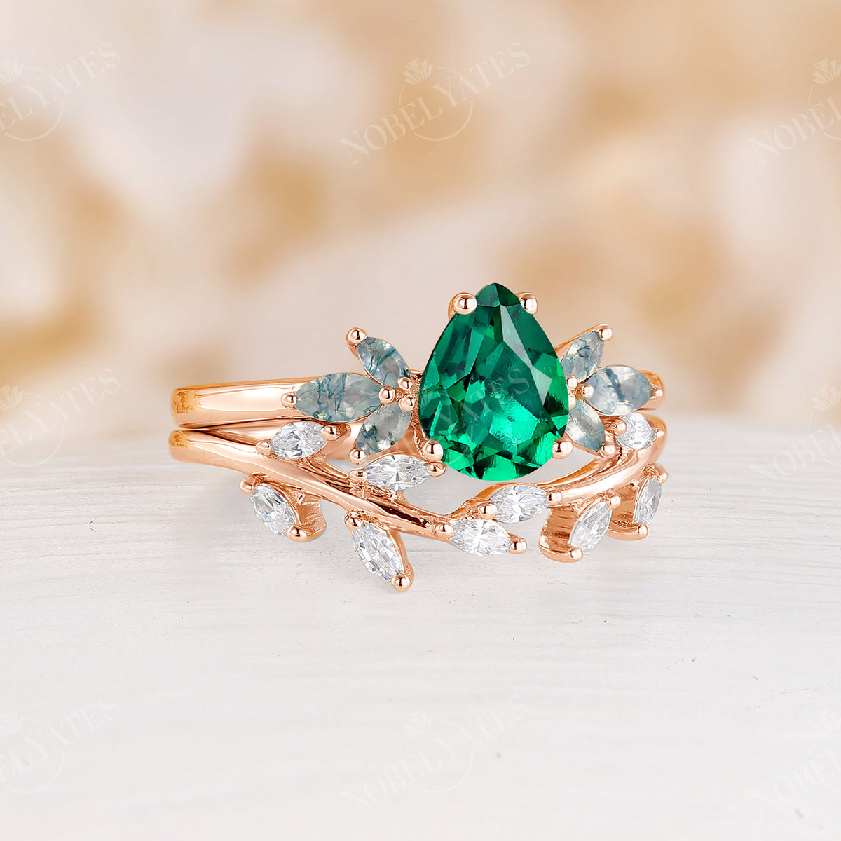 Leaves Pear Lab Emerald Nature Engagement Ring Set Yellow Gold