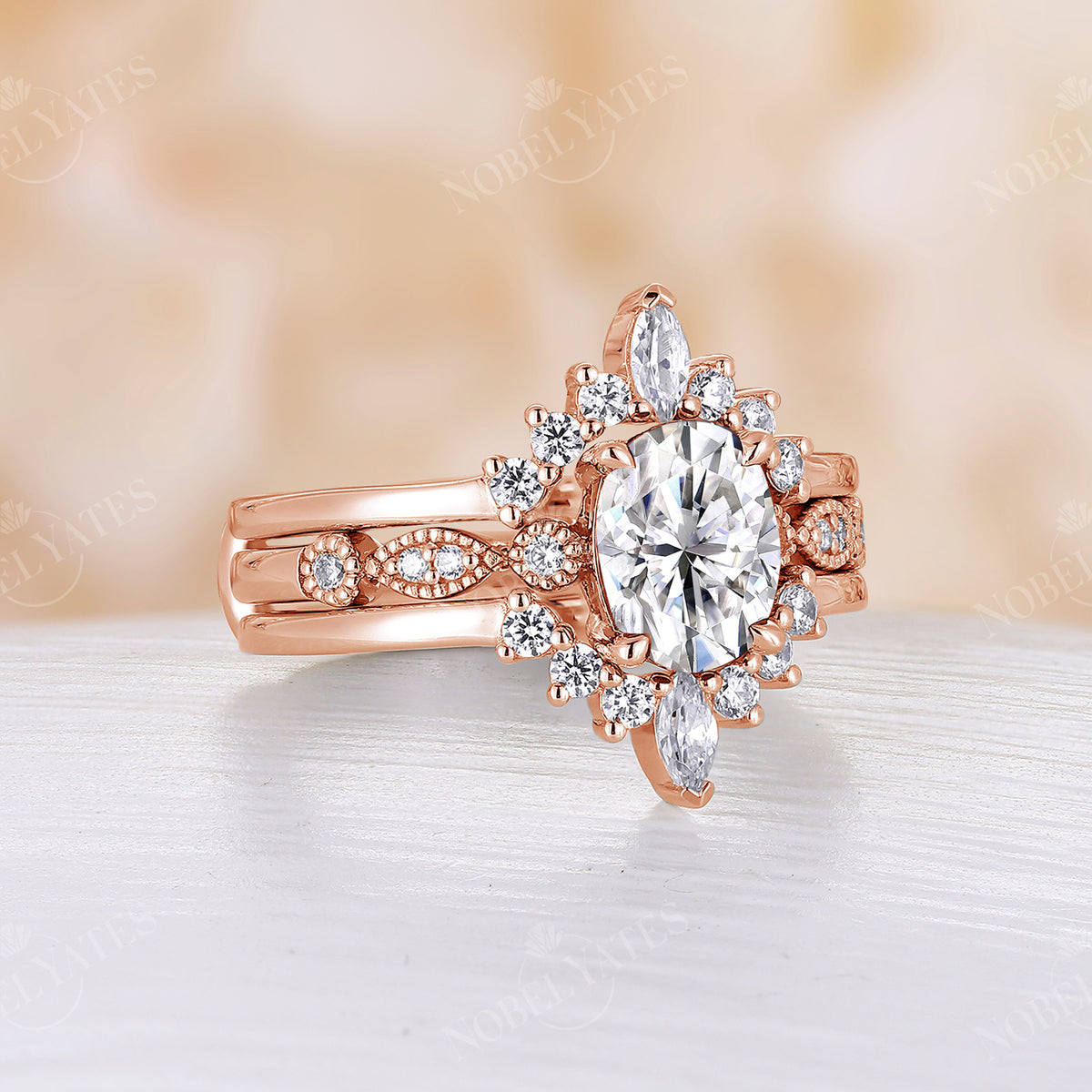 Oval Moissanite Rose Gold Milgrain Engagement Ring Set
