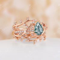 Nature Inspired Branch Leaf Pear Moss Agated Engagement Ring Set Rose Gold