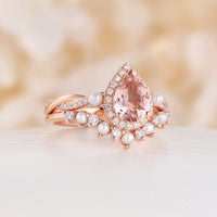 Orange Pink Morganite Engagement Ring Set Pearl Matching Band