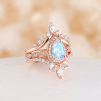 Pear Moonstone Vintage Milgrain & Halo Engagement Ring Set Rose Gold