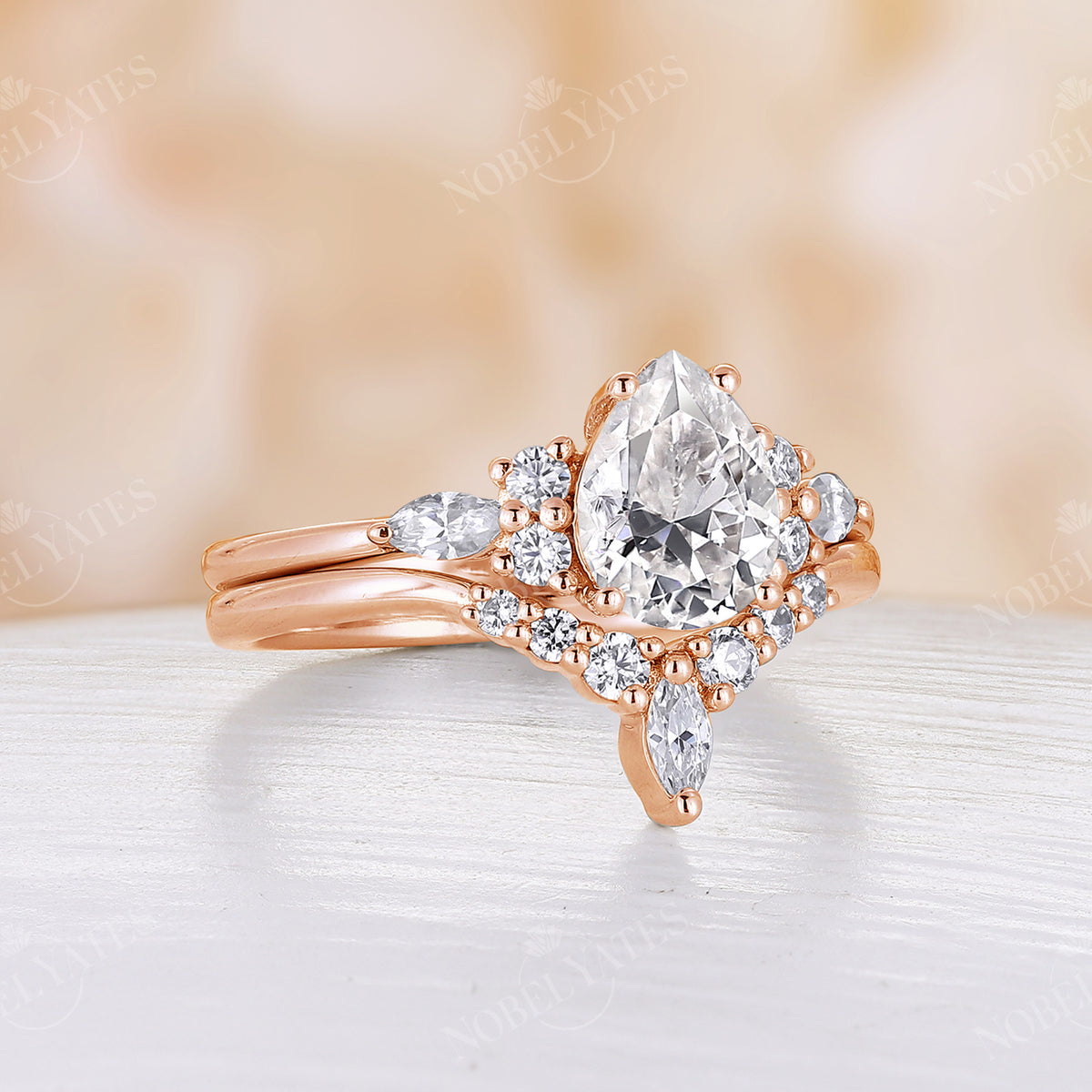 Vintage Pear Moissanite Rose Gold Cluster Engagement Ring Set