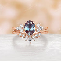 Marquise Cluster Oval Lab Alexandrite Engagement Ring Set