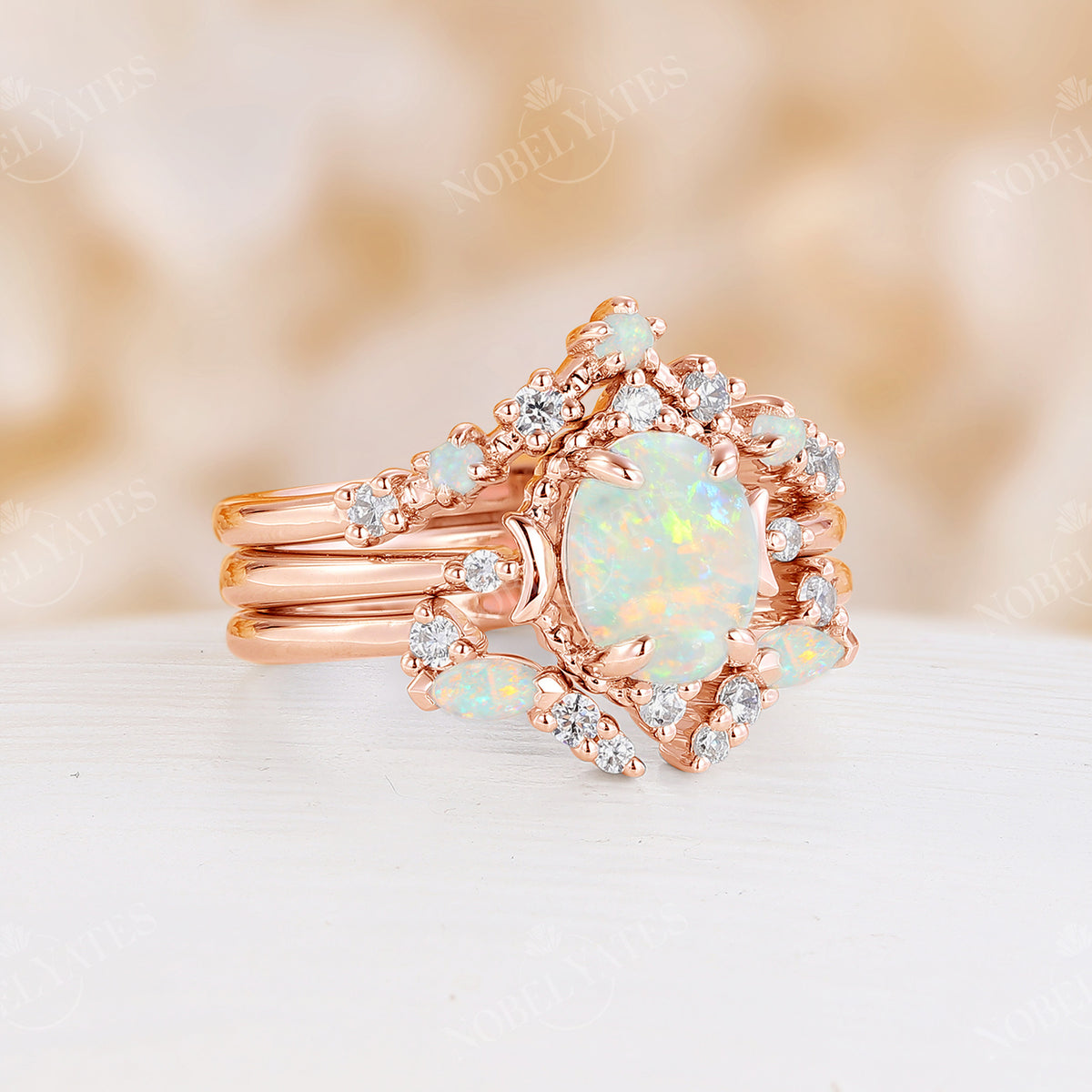 Natural White Opal 3PC Bridal Set Yellow Gold Moon Ring