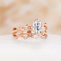 Yellow Gold Oval Shape Moissanite Engagement Ring Set Twig Design Band