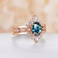 Vintage Oval Teal Sapphire Bridal Set Rose Gold Ring Enhancer Milgrain