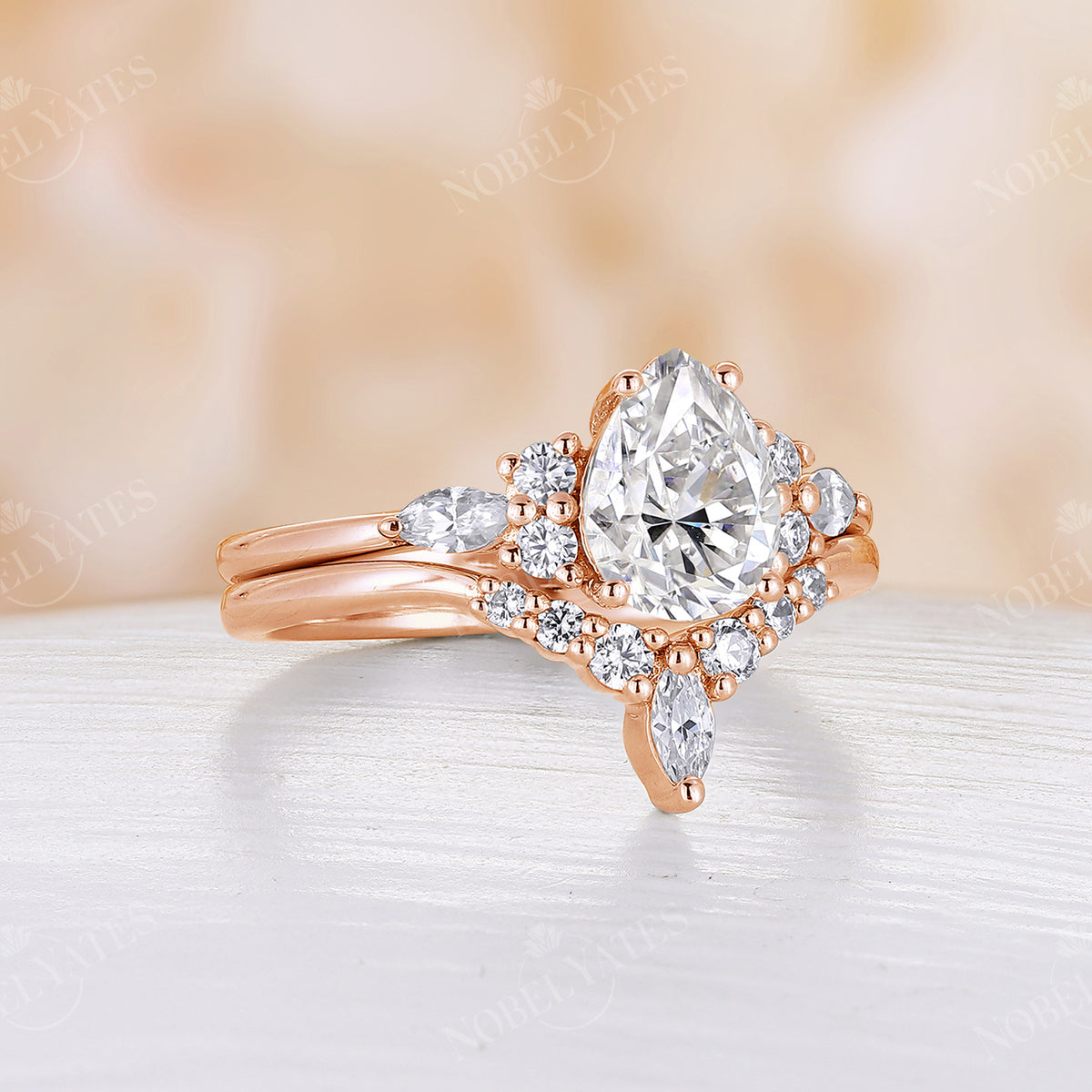 Vintage Pear Moissanite Rose Gold Cluster Engagement Ring Set