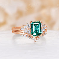 Lab Emerald & Moissanite Cluster Engagement Ring Set Rose Gold