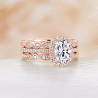 Oval Moissanite Halo&Pave Three Pieces Bridal Set Rose Gold