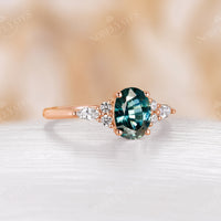 Blue Green Sapphire Oval Cut Engagement Ring Cluster Side Stone