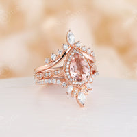 Orange Pink Morganite Teardrop Milgrain & Halo Bridal Set Rose Gold