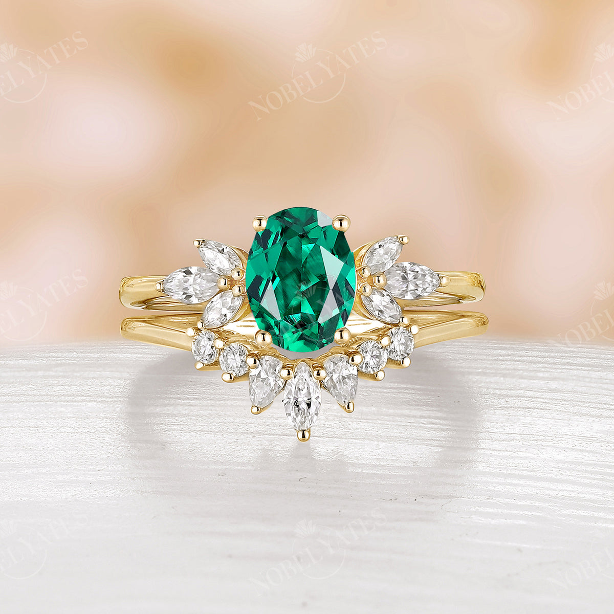 Lab Emerald Oval Shape Bridal Set Moissanite Curved Band