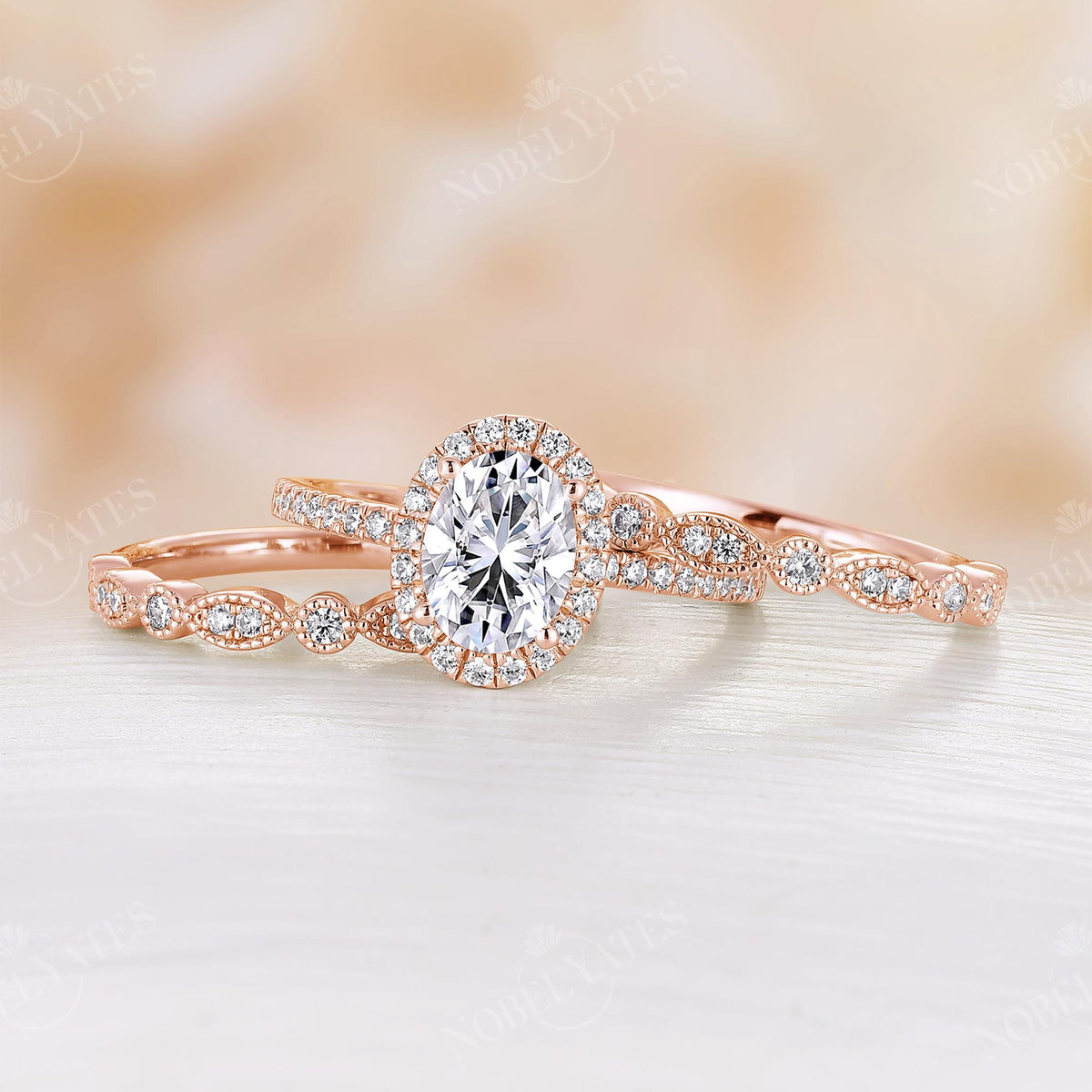 Oval Moissanite Halo&Pave Three Pieces Bridal Set Rose Gold