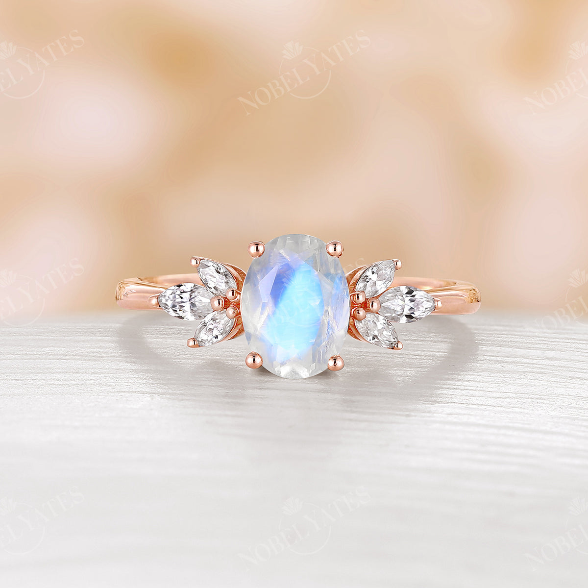 Antique Oval Cut Moonstone Engagement Ring Rose Gold Cluster Ring