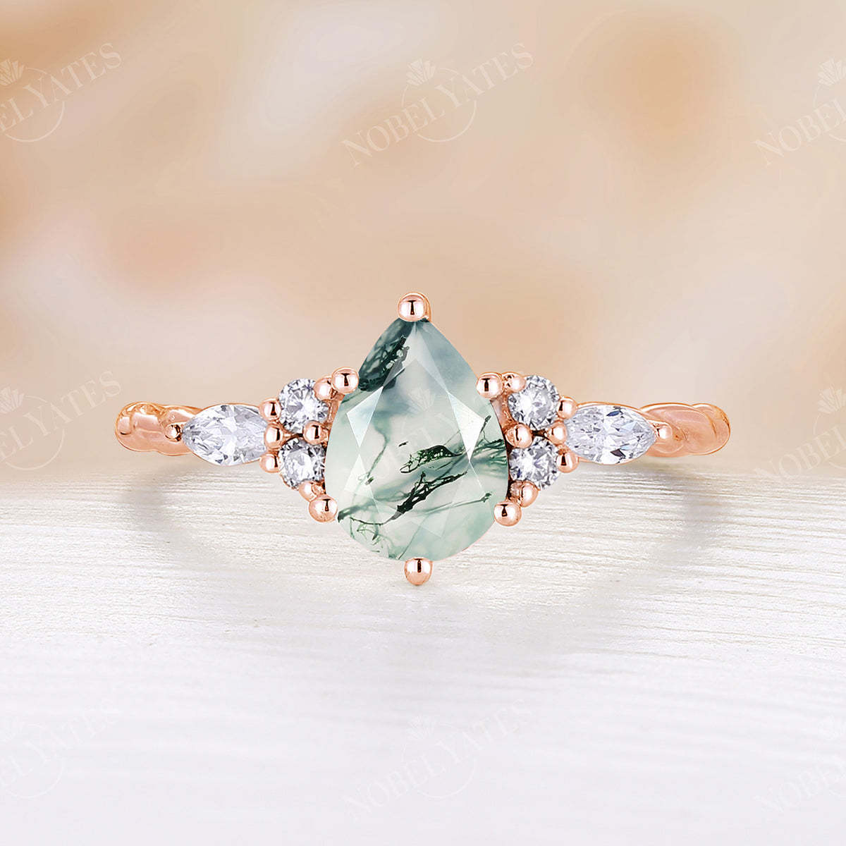 Pear Moss Agate & Moissanite Twist Engagement Ring Cluster Rose Gold