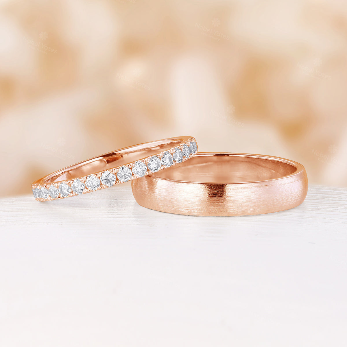 Classic Plain&Pave Couple Band Moissanite Rose Gold Couple Ring