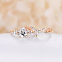 Vintage Pear Moissanite Rose Gold Cluster Engagement Ring Set