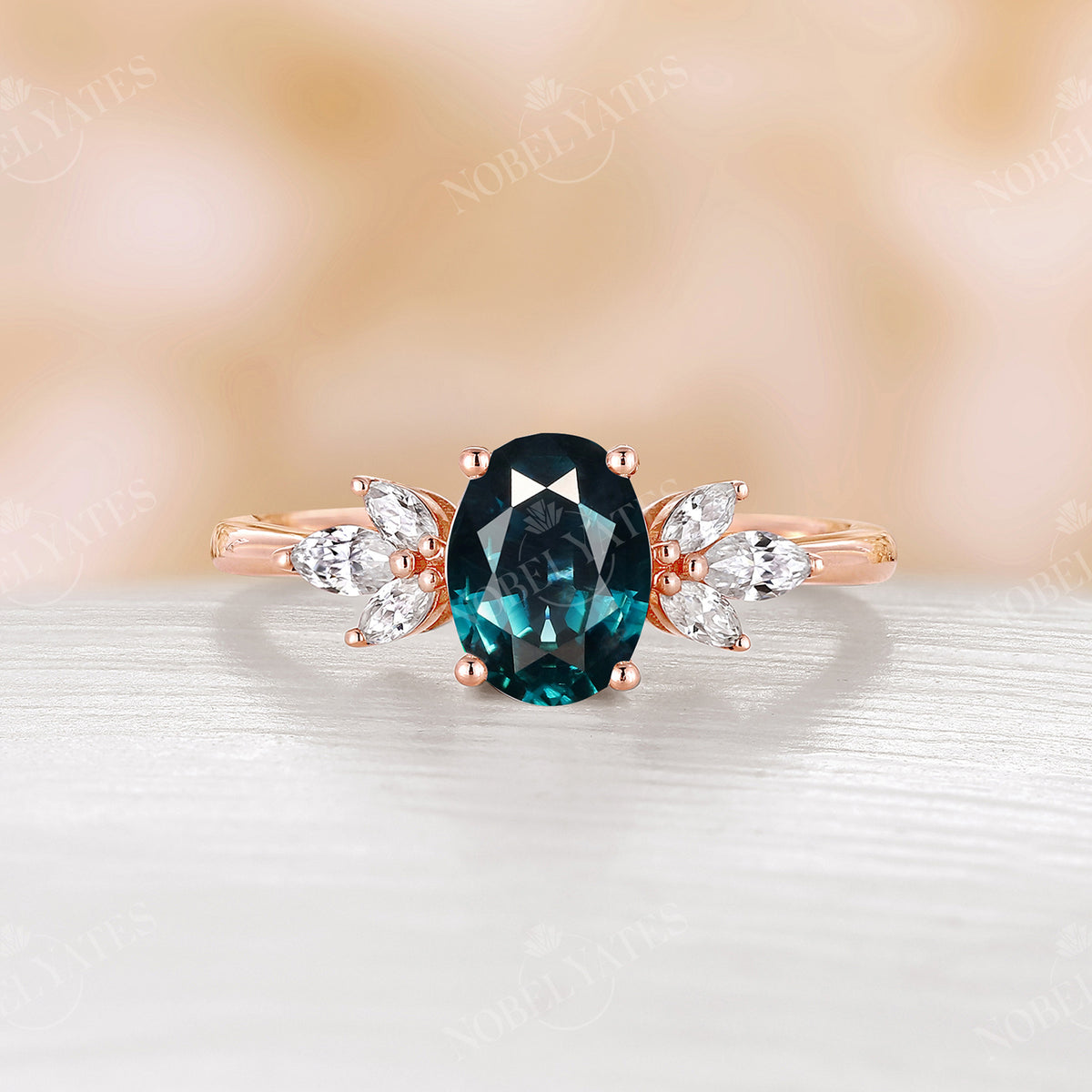 Oval Teal Sapphire Cluster Moissanite Rose Gold Engagement Ring