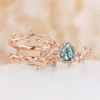 Nature Inspired Branch Leaf Pear Moss Agated Engagement Ring Set Rose Gold
