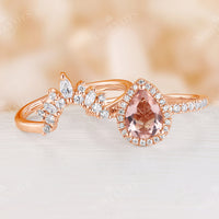 Orange Pink Morganite Bridal Set Rose Gold Curved Wedding Band