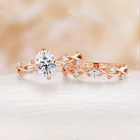 Yellow Gold Oval Shape Moissanite Engagement Ring Set Twig Design Band