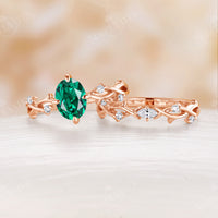 Lab Emerald Oval Cut Rose Gold Engagement Ring Set Nature Inspired Branch Band