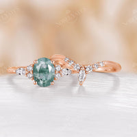 Vintage Moss Agate Oval Engagement Ring Set Rose Gold Moissanite Cluster Ring
