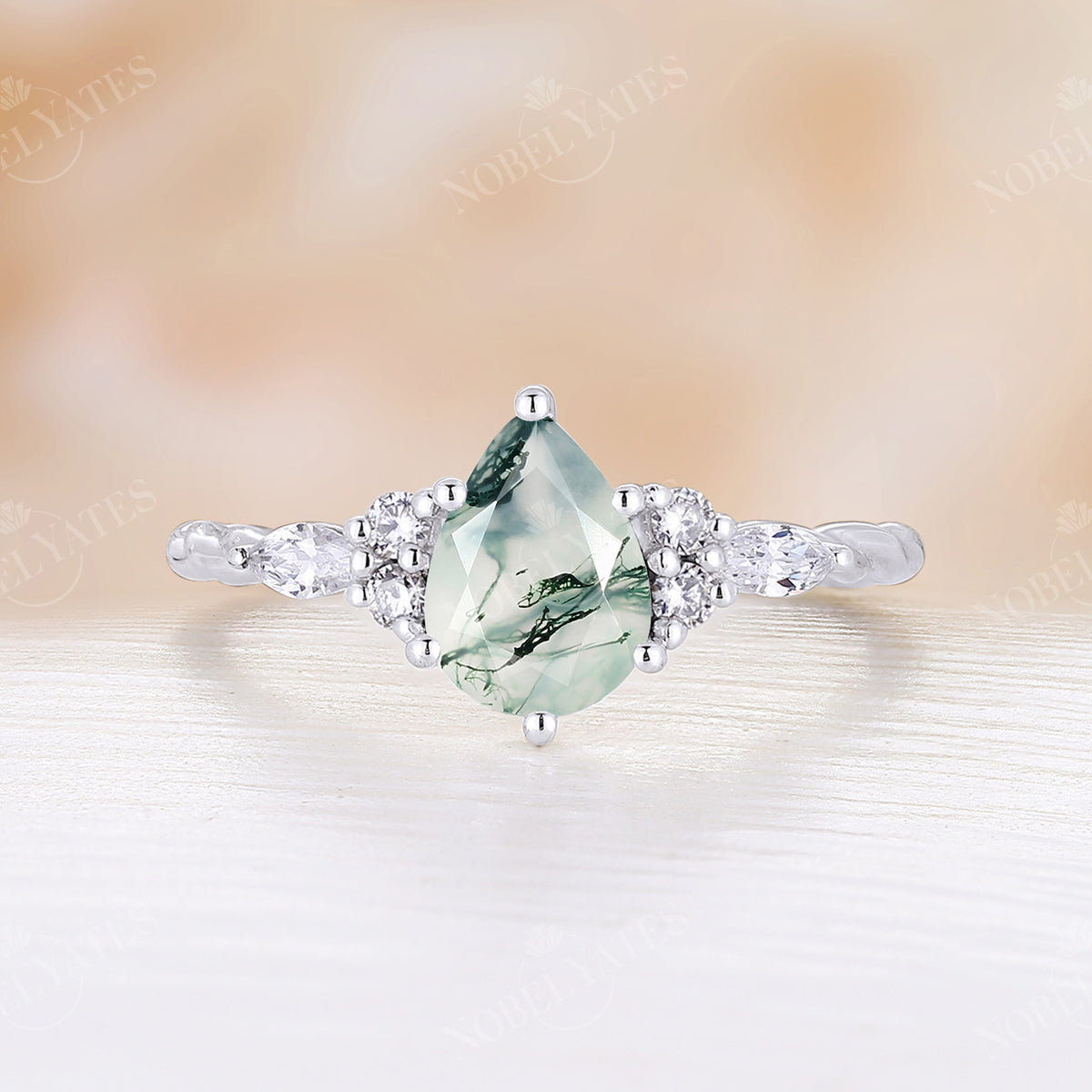 Pear Moss Agate & Moissanite Twist Engagement Ring Cluster Rose Gold