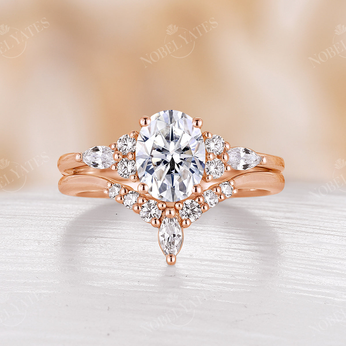 Oval Shape Moissanite Vintage Rose Gold Cluster Engagement Ring Set