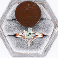 Vintage Pear Moss Agate Cluster Bridal Sets Rose Gold Round Moissanite