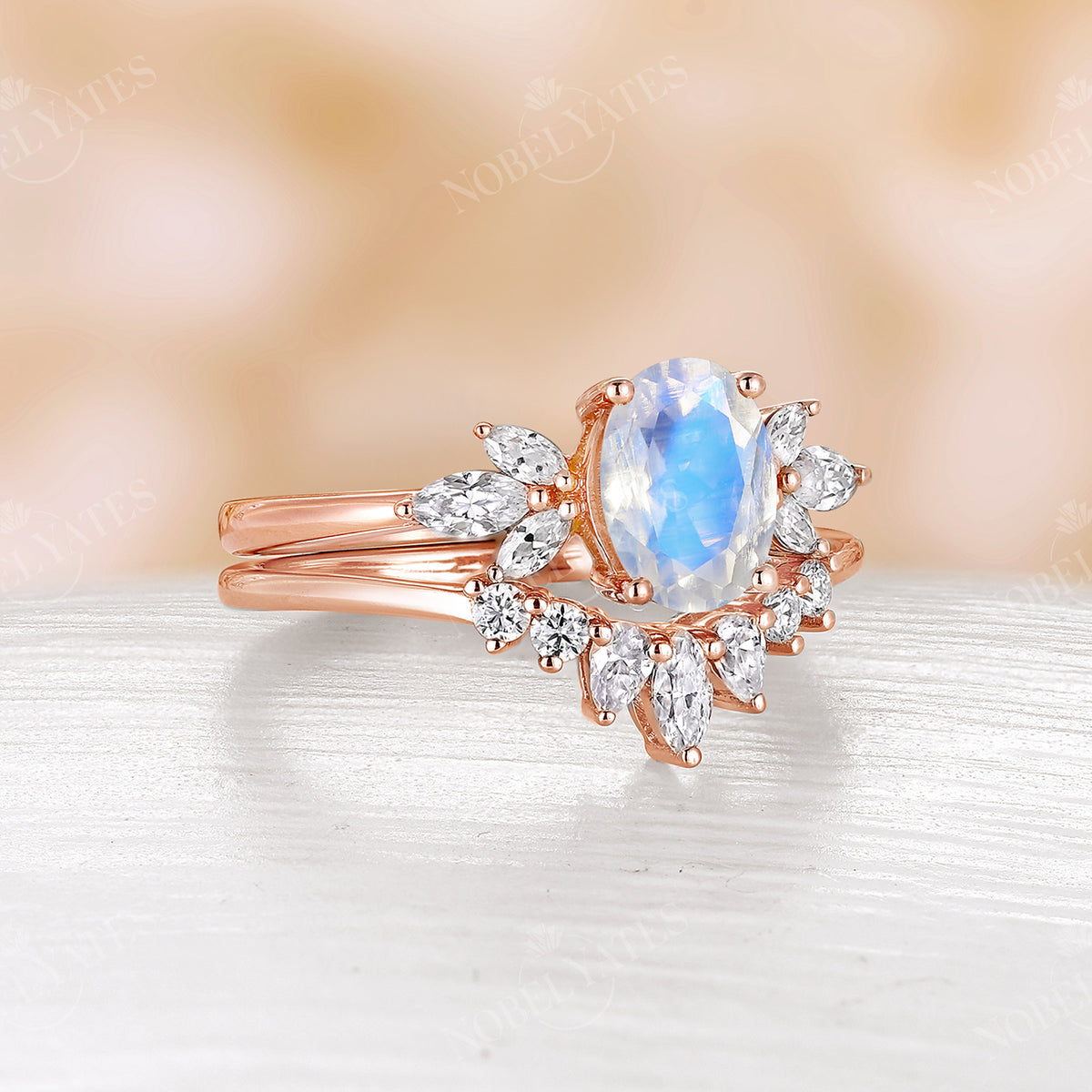 Oval Moonstone Vintage Cluster Engagement Ring Set Rose Gold