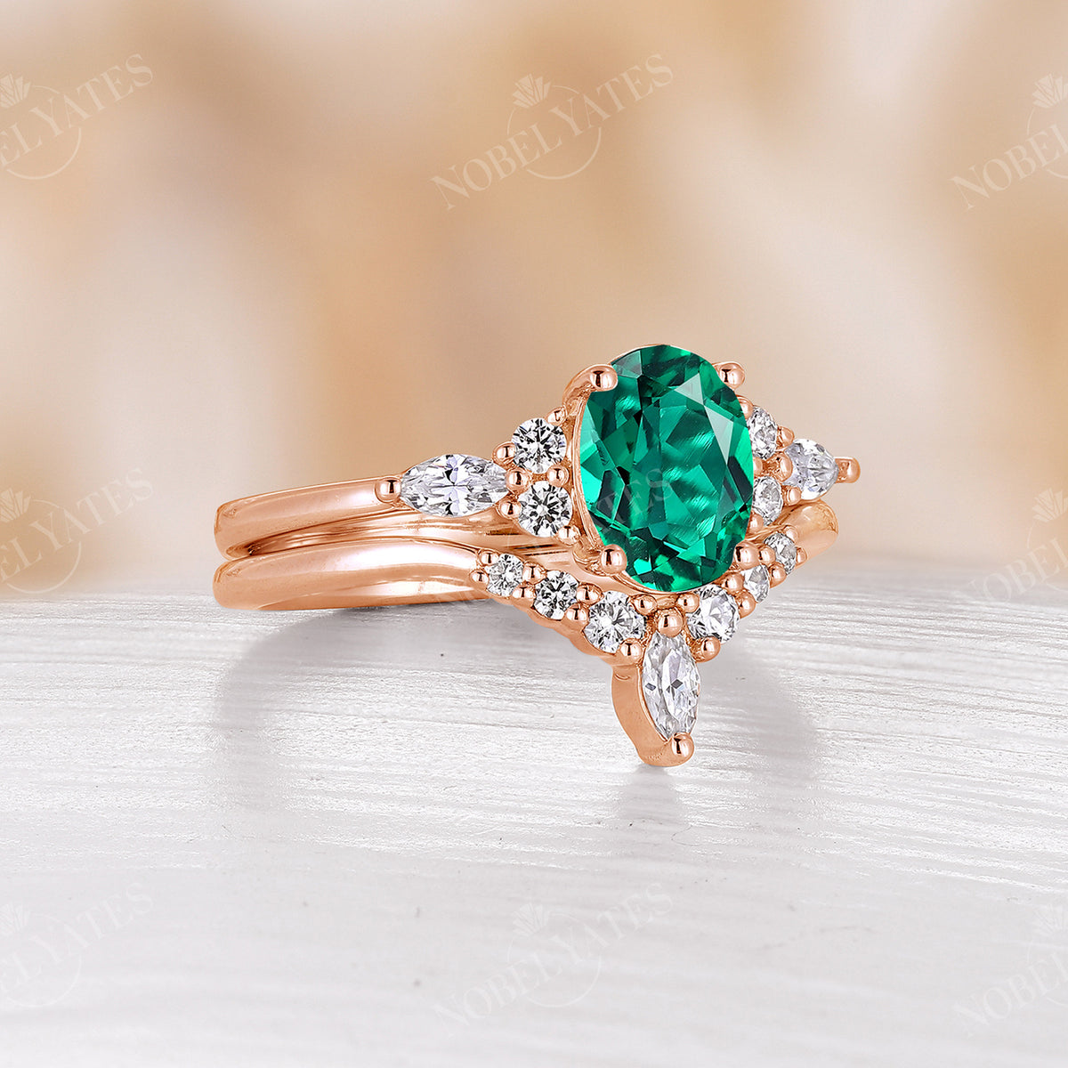 Classic Lab Emerald Bridal Set Oval Cut Ring Rose Gold Band