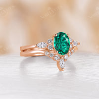 Classic Lab Emerald Bridal Set Oval Cut Ring Rose Gold Band