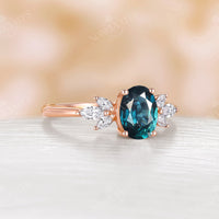 Oval Teal Sapphire Cluster Moissanite Rose Gold Engagement Ring