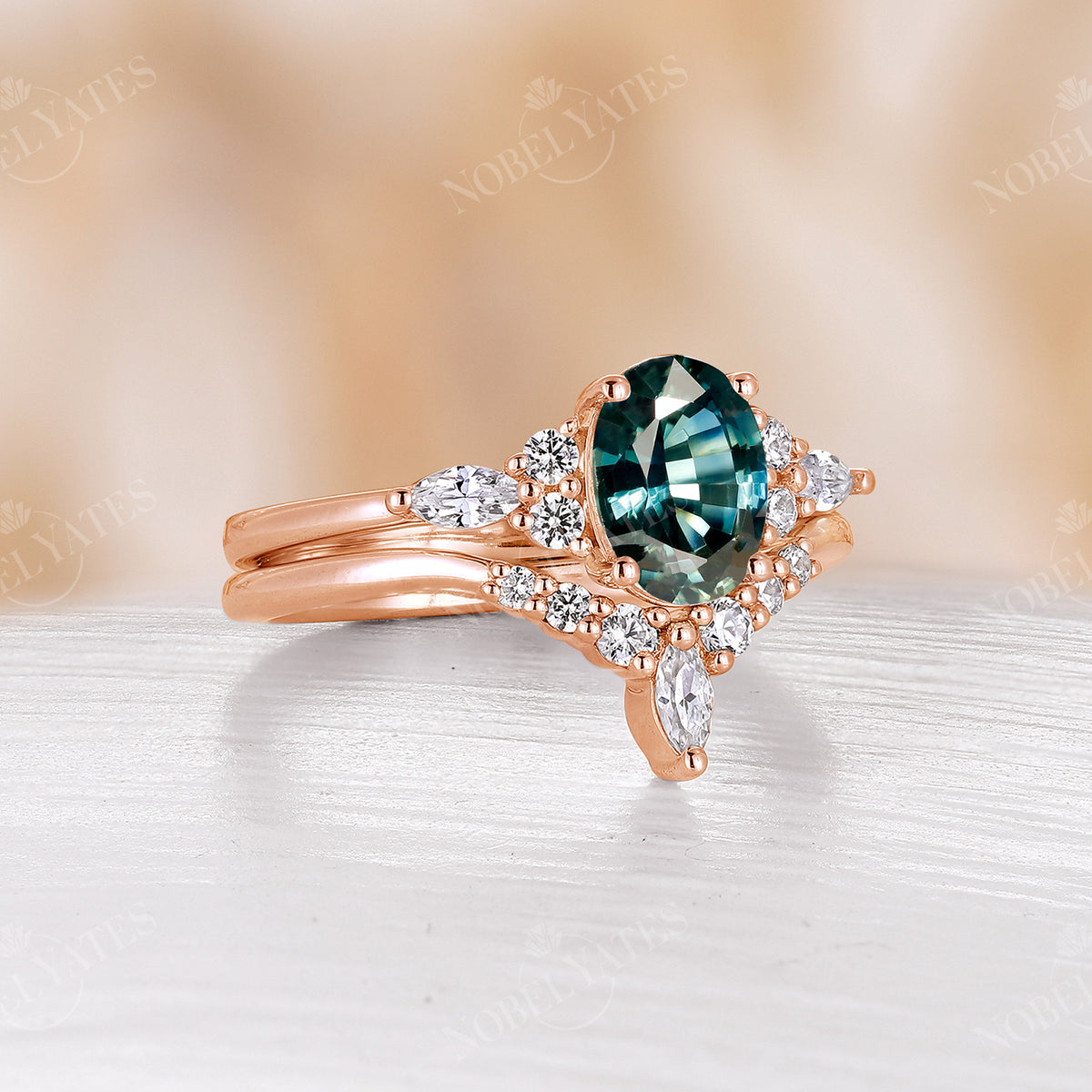 Oval Teal Sapphire Moissanite Side Stone Engagement Ring Set Rose Gold