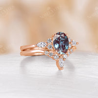 Lab Alexandrite Oval Shape Engagement Ring Set Cluster