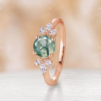 Round cut Moss Agate Marquise Cluster Engagement Ring Yellow Gold