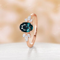 Oval Teal Sapphire Cluster Moissanite Rose Gold Engagement Ring