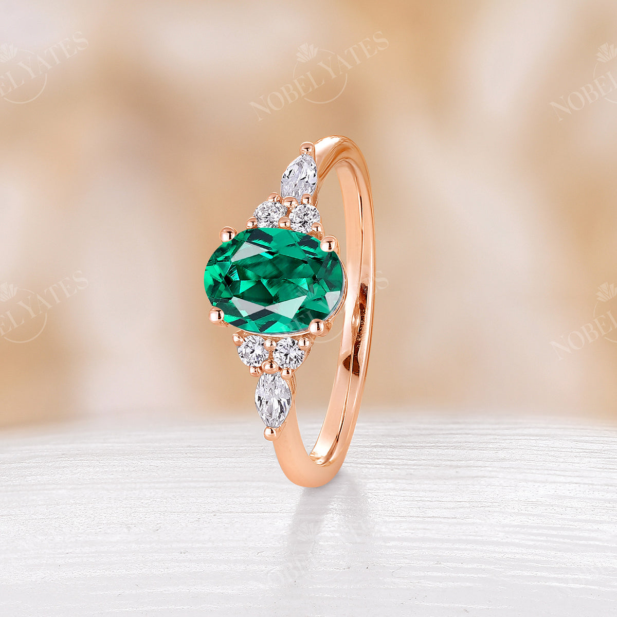 Classic Lab Emerald Bridal Set Oval Cut Ring Rose Gold Band