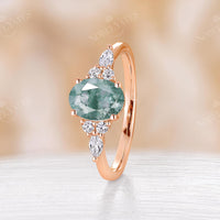 Oval Moss Agate Rose Gold Cluster Engagement Ring Round Moissanite Ring