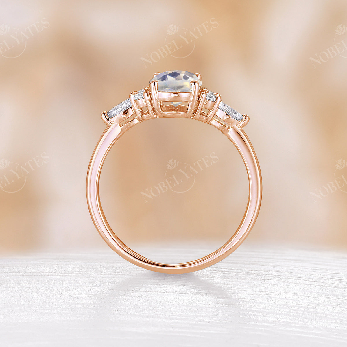 Cluster Oval Blue Moonstone Bridal Set Curved Rose Gold Band