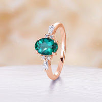 Oval Shape Lab Emerald Rose Gold Engagement Ring Baguette Diamond