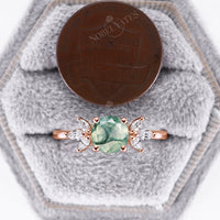 Round cut Moss Agate Marquise Cluster Engagement Ring Yellow Gold