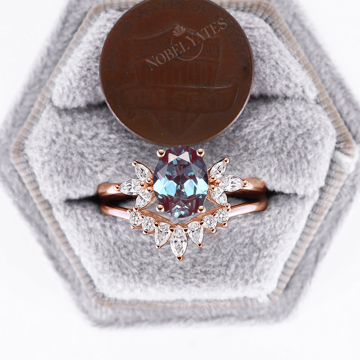 Marquise Cluster Oval Lab Alexandrite Engagement Ring Set