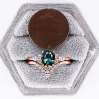 Oval Teal Sapphire Moissanite Side Stone Engagement Ring Set Rose Gold
