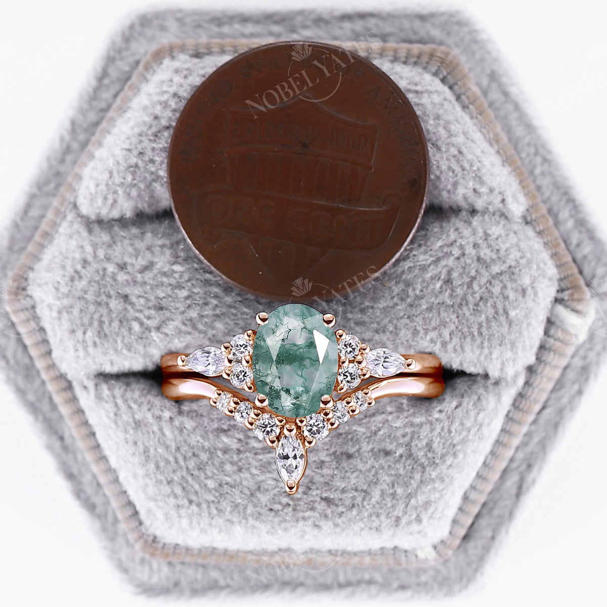 Vintage Moss Agate Oval Engagement Ring Set Rose Gold Moissanite Cluster Ring