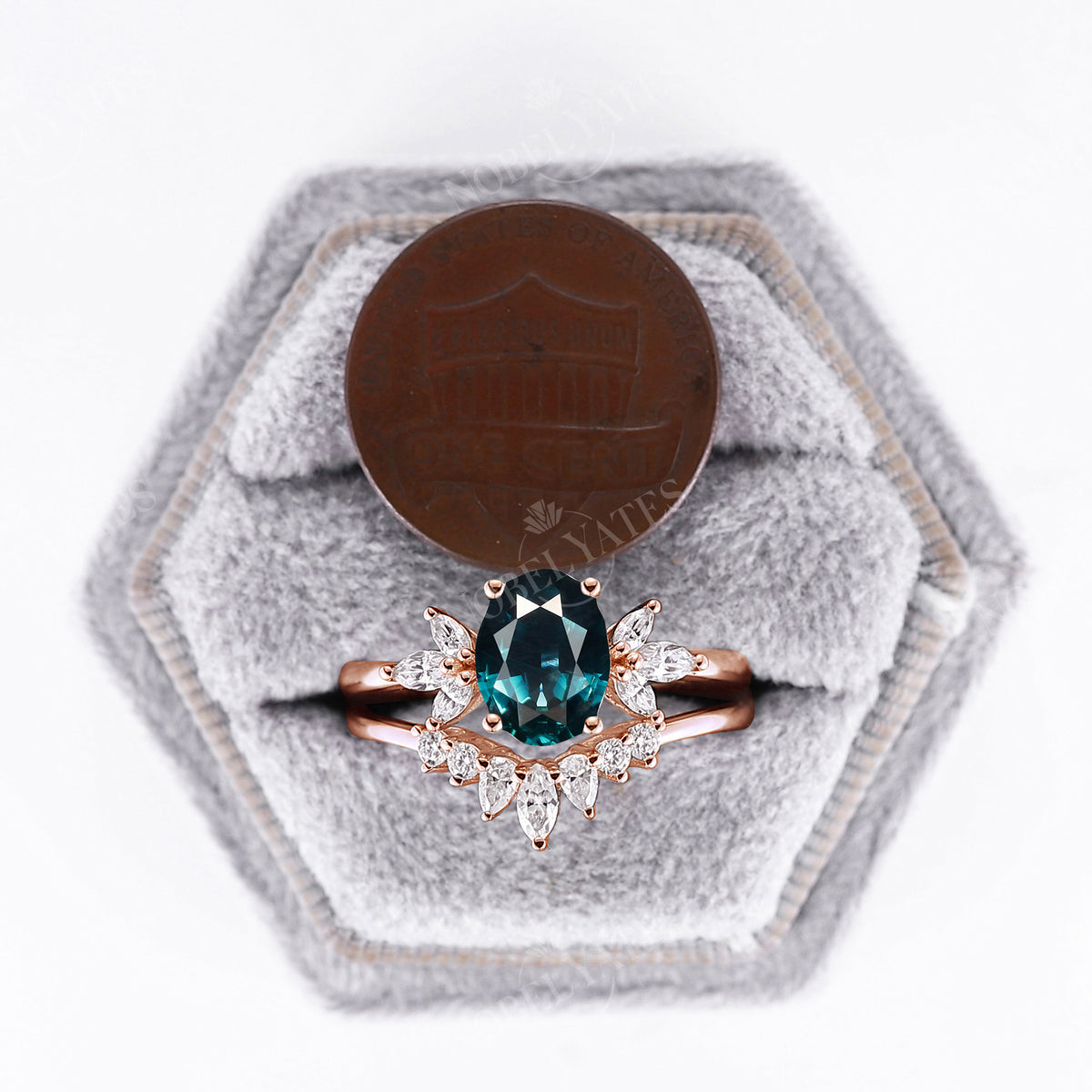Teal Sapphire Engagement Ring Set Marquise Moissanite Rose Gold