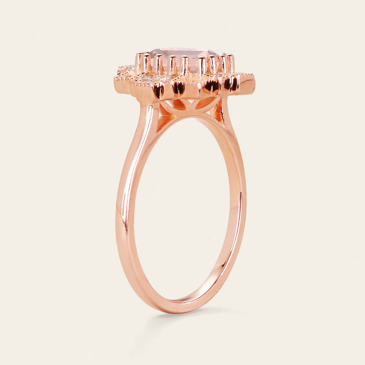 Emerald Cut Pink Morganite Art Deco Starburst Engagement Ring